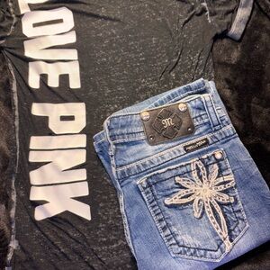 Miss Me Blue Boot Cut Jeans with White Embroidery inseam 34